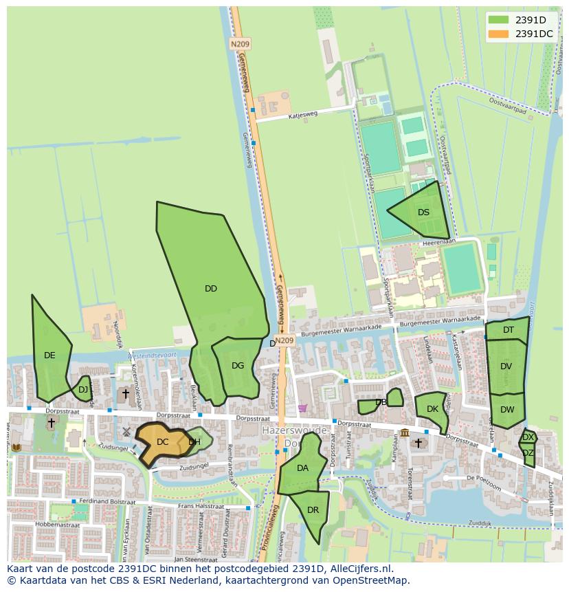 Afbeelding van het postcodegebied 2391 DC op de kaart.