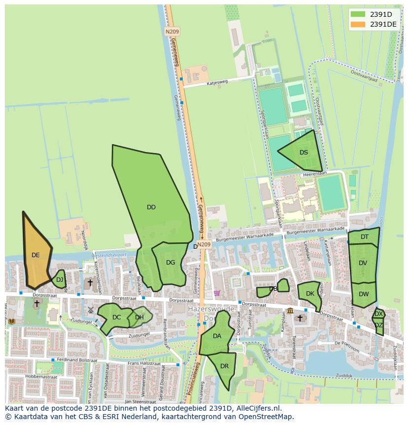 Afbeelding van het postcodegebied 2391 DE op de kaart.