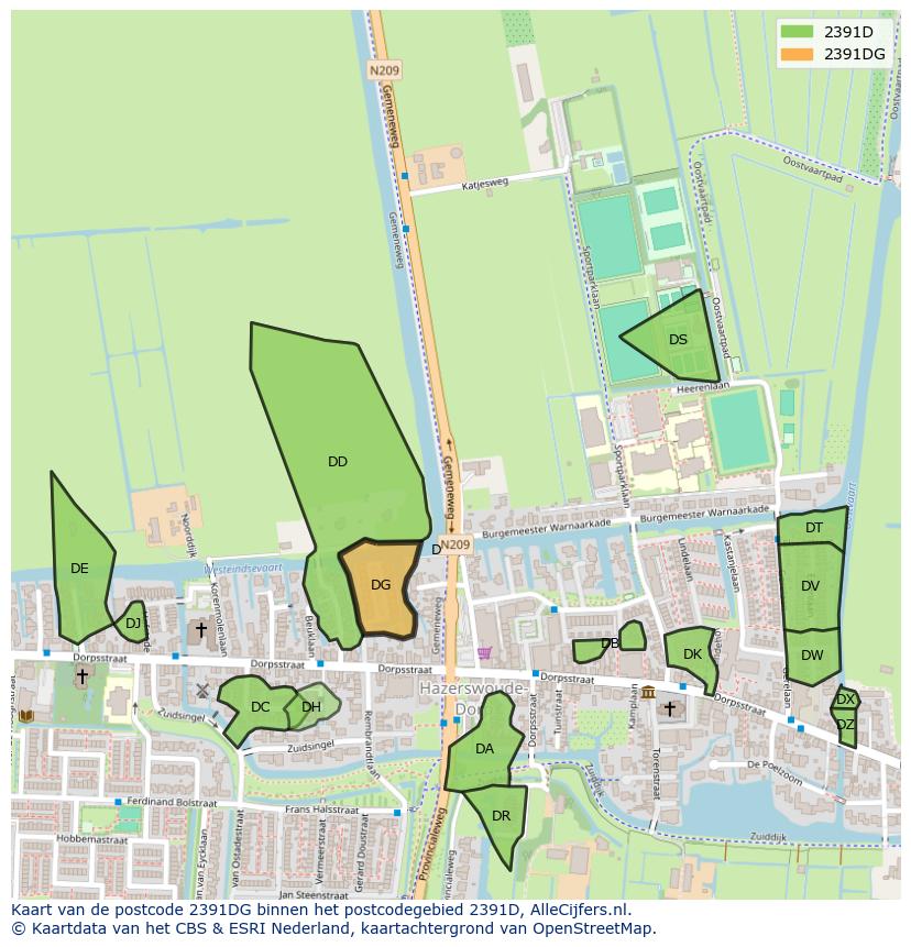 Afbeelding van het postcodegebied 2391 DG op de kaart.