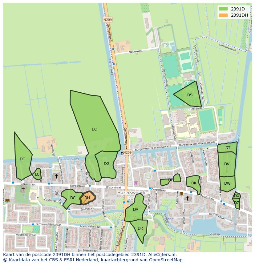 Afbeelding van het postcodegebied 2391 DH op de kaart.