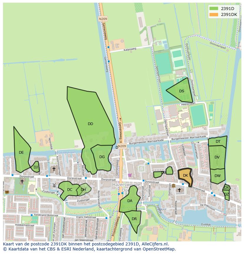 Afbeelding van het postcodegebied 2391 DK op de kaart.