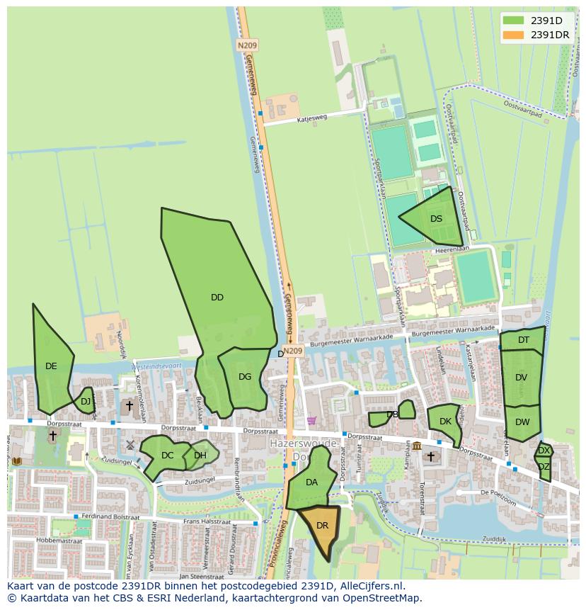 Afbeelding van het postcodegebied 2391 DR op de kaart.