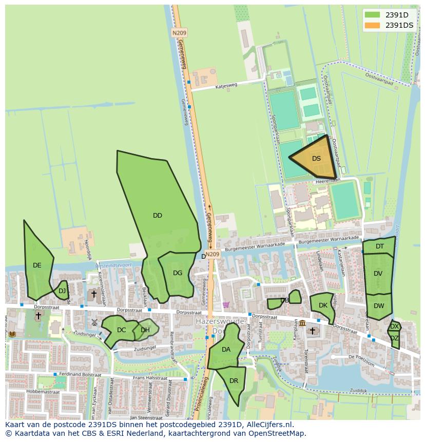 Afbeelding van het postcodegebied 2391 DS op de kaart.