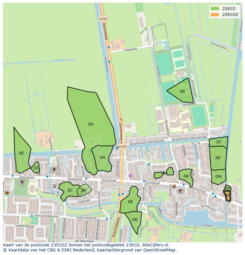 Afbeelding van het postcodegebied 2391 DZ op de kaart.