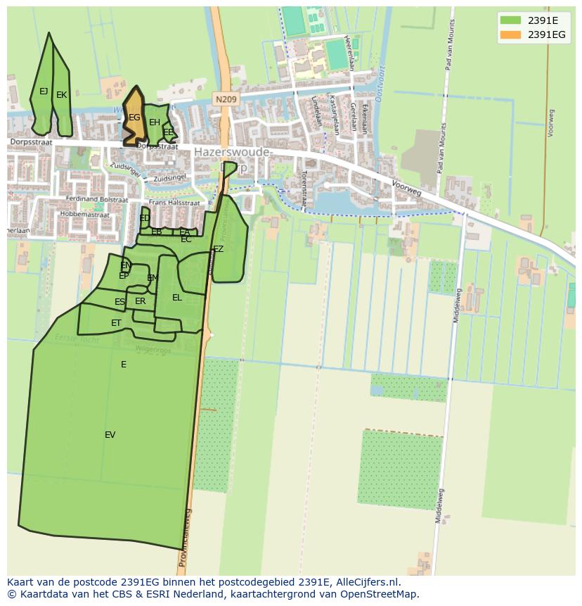 Afbeelding van het postcodegebied 2391 EG op de kaart.