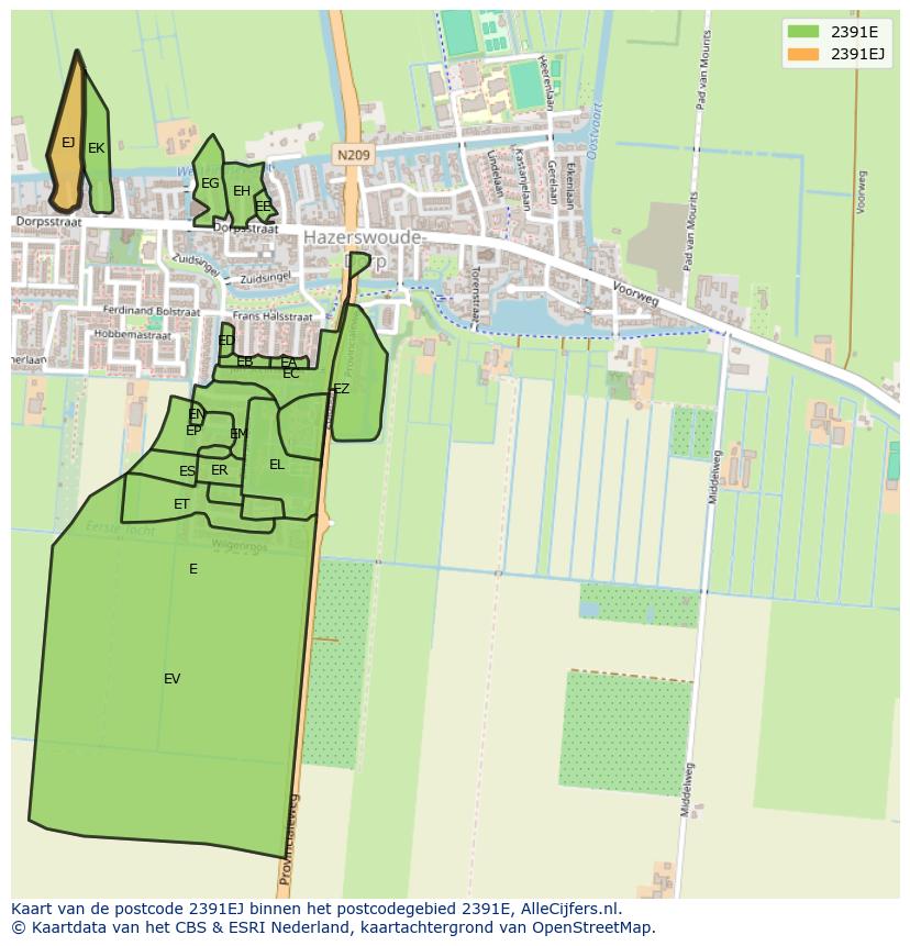 Afbeelding van het postcodegebied 2391 EJ op de kaart.