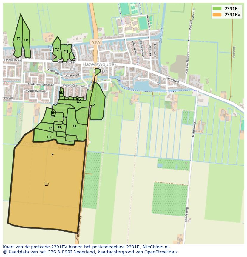 Afbeelding van het postcodegebied 2391 EV op de kaart.