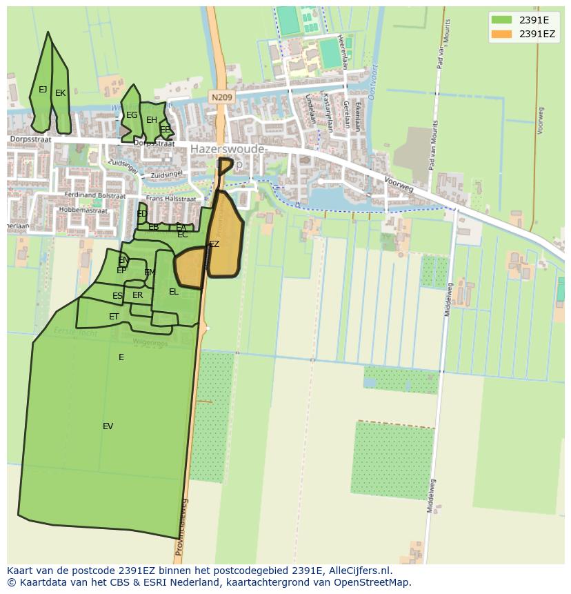 Afbeelding van het postcodegebied 2391 EZ op de kaart.