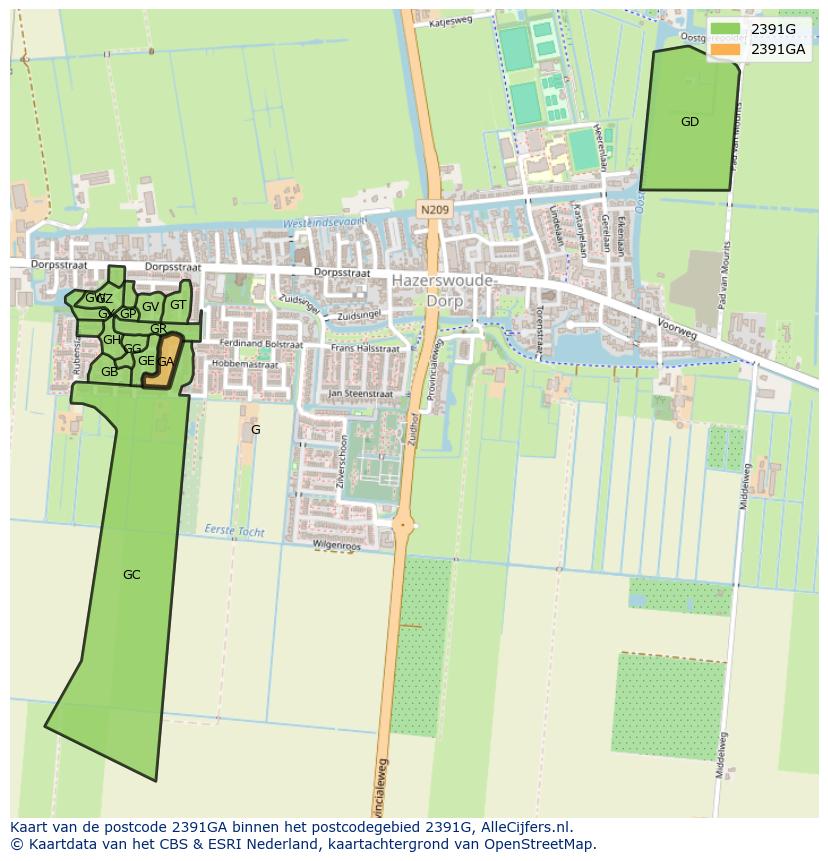 Afbeelding van het postcodegebied 2391 GA op de kaart.