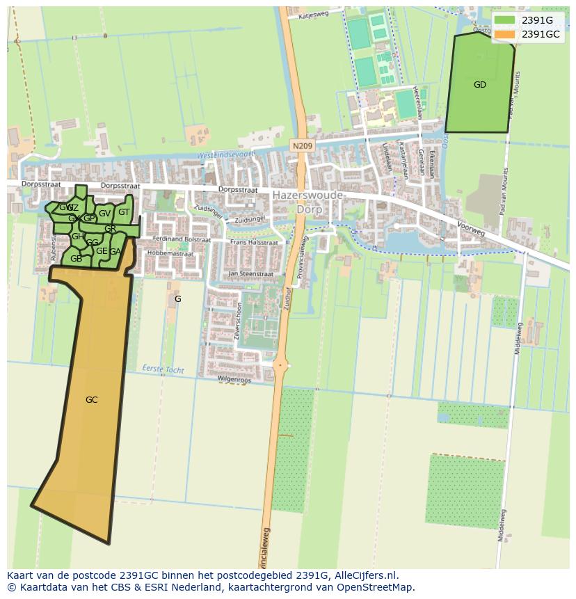Afbeelding van het postcodegebied 2391 GC op de kaart.