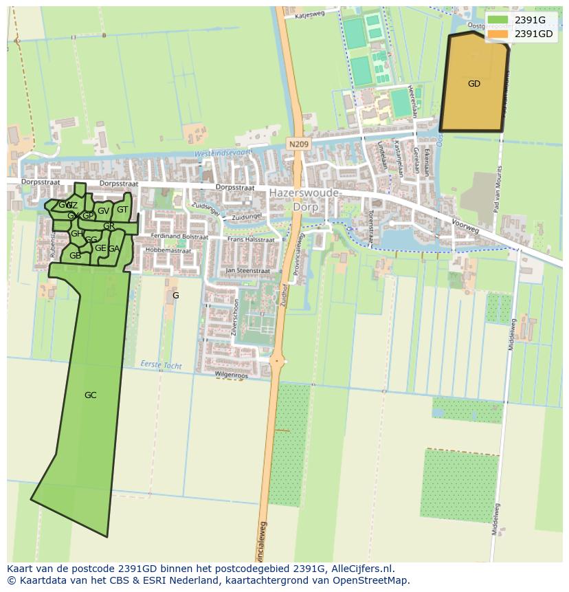 Afbeelding van het postcodegebied 2391 GD op de kaart.