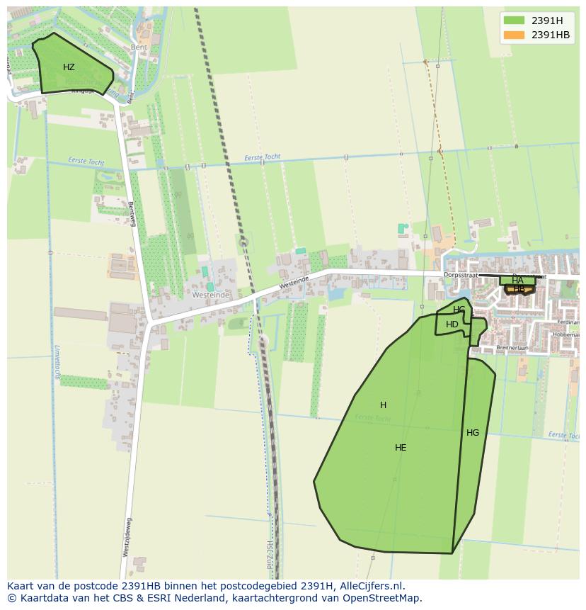 Afbeelding van het postcodegebied 2391 HB op de kaart.