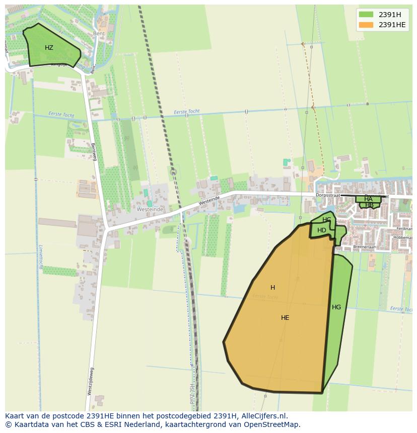 Afbeelding van het postcodegebied 2391 HE op de kaart.