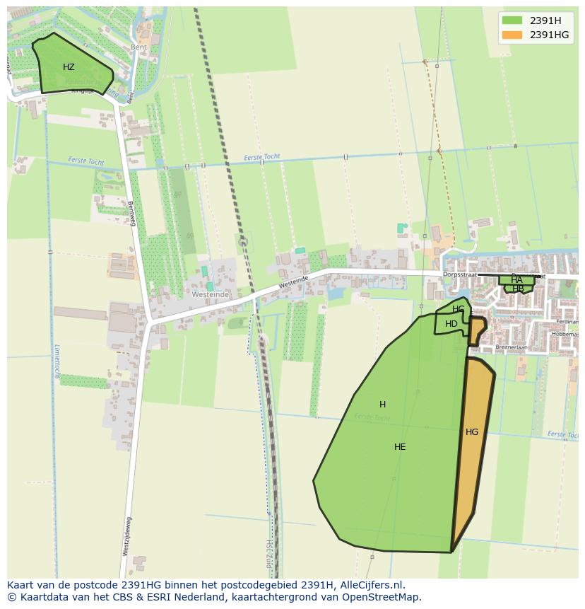 Afbeelding van het postcodegebied 2391 HG op de kaart.