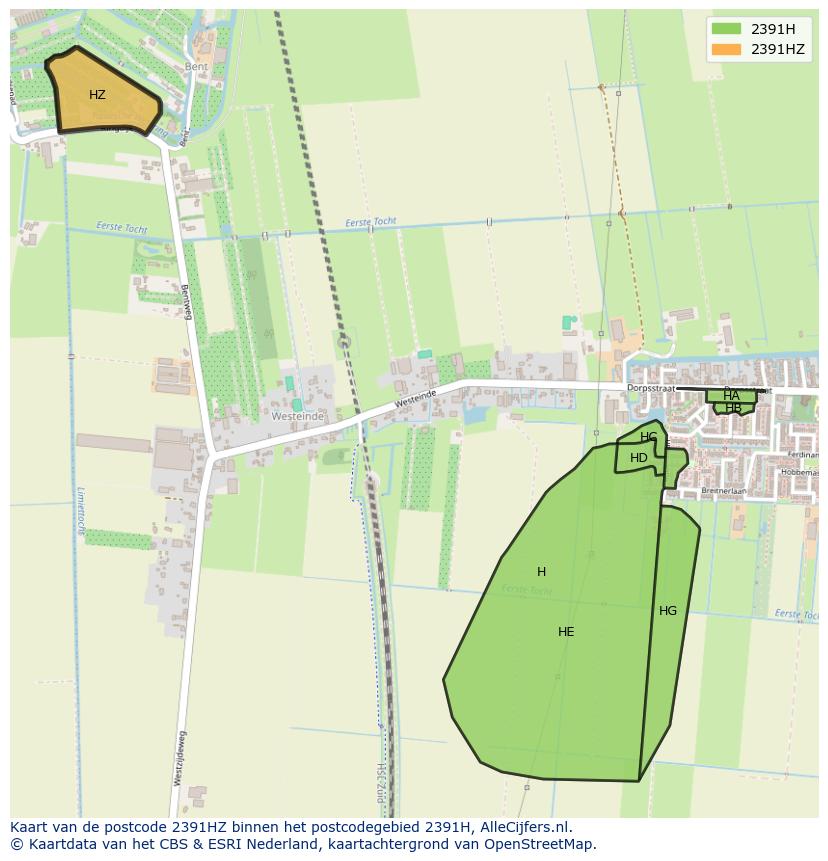 Afbeelding van het postcodegebied 2391 HZ op de kaart.
