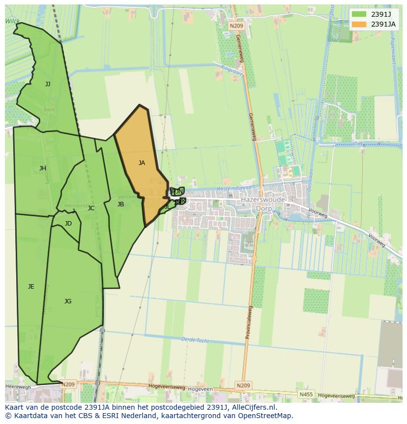 Afbeelding van het postcodegebied 2391 JA op de kaart.
