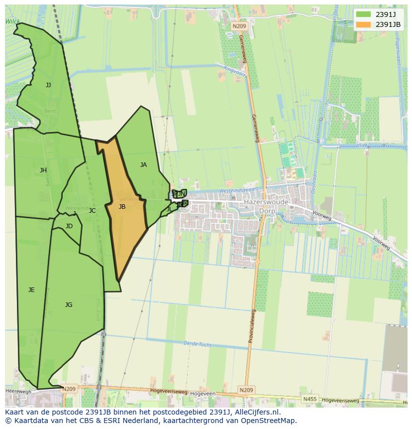 Afbeelding van het postcodegebied 2391 JB op de kaart.