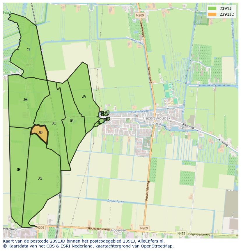 Afbeelding van het postcodegebied 2391 JD op de kaart.