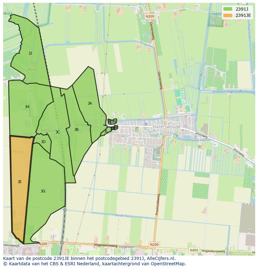 Afbeelding van het postcodegebied 2391 JE op de kaart.