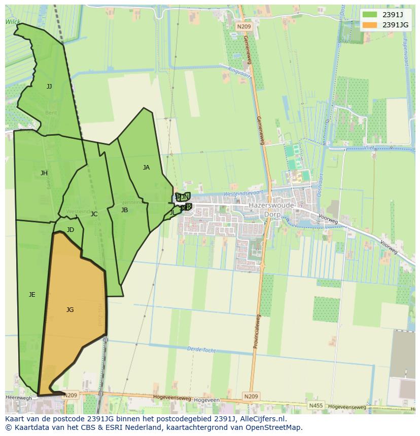 Afbeelding van het postcodegebied 2391 JG op de kaart.