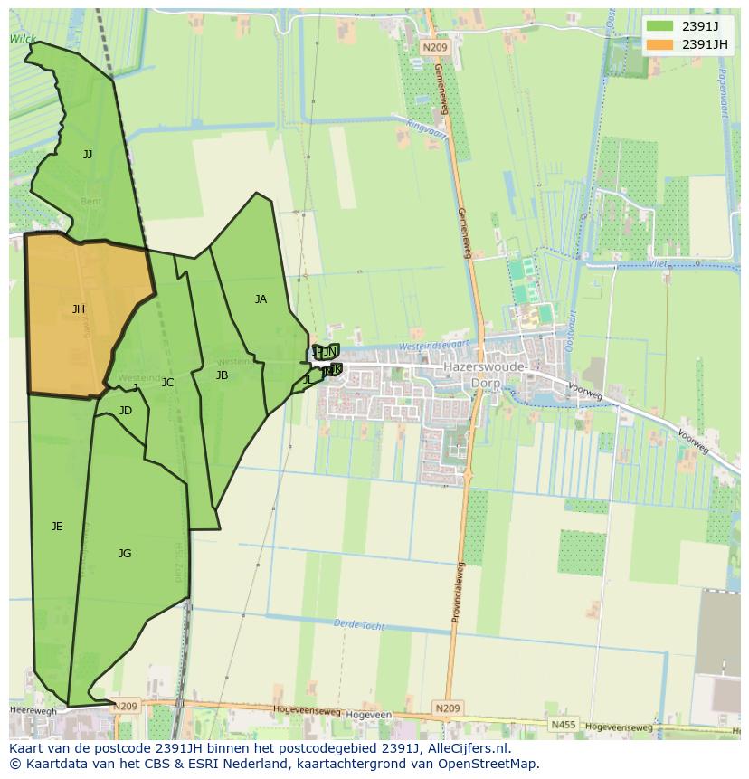 Afbeelding van het postcodegebied 2391 JH op de kaart.