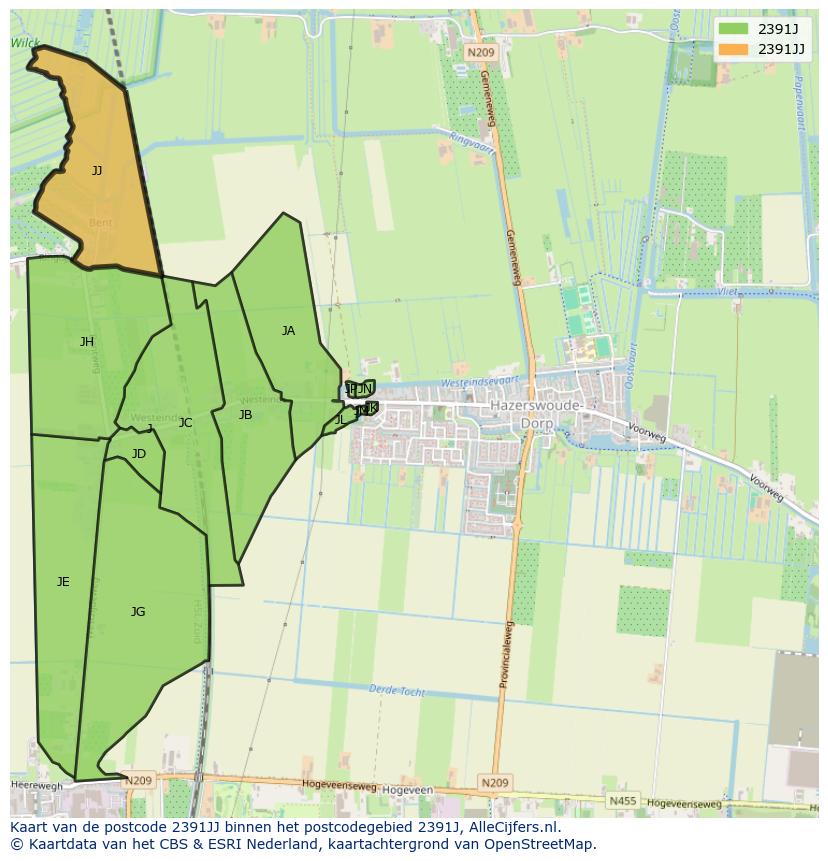 Afbeelding van het postcodegebied 2391 JJ op de kaart.