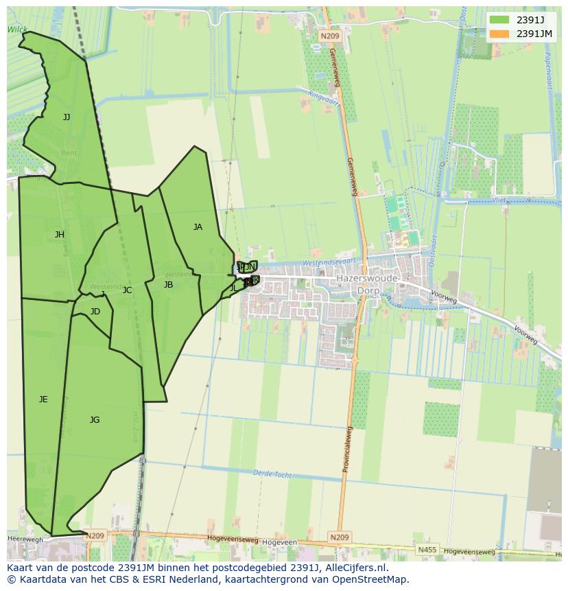 Afbeelding van het postcodegebied 2391 JM op de kaart.