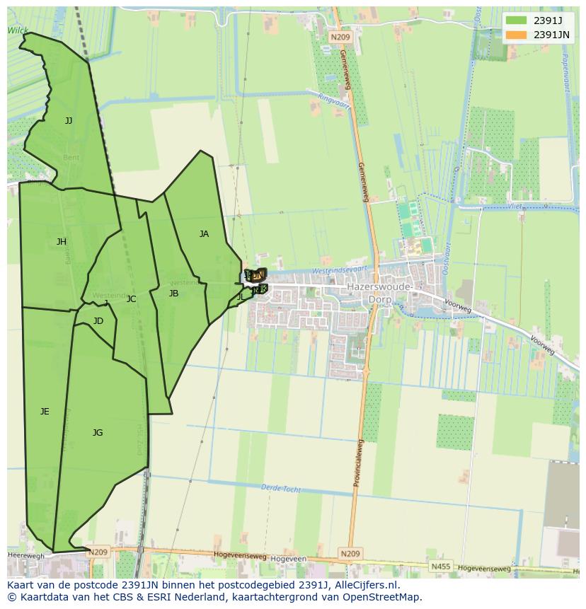 Afbeelding van het postcodegebied 2391 JN op de kaart.