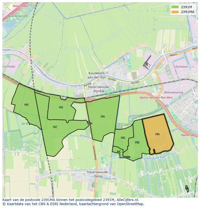 Afbeelding van het postcodegebied 2391 MA op de kaart.