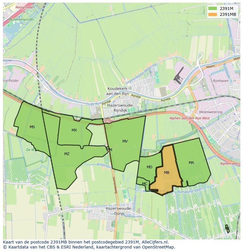 Afbeelding van het postcodegebied 2391 MB op de kaart.