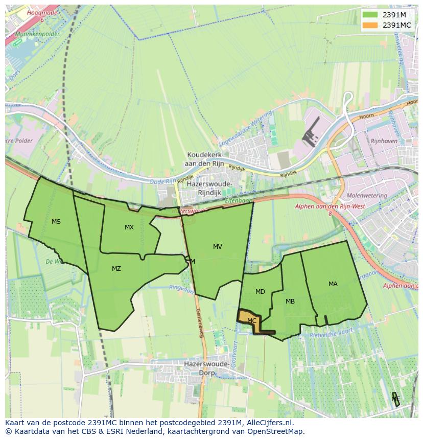 Afbeelding van het postcodegebied 2391 MC op de kaart.