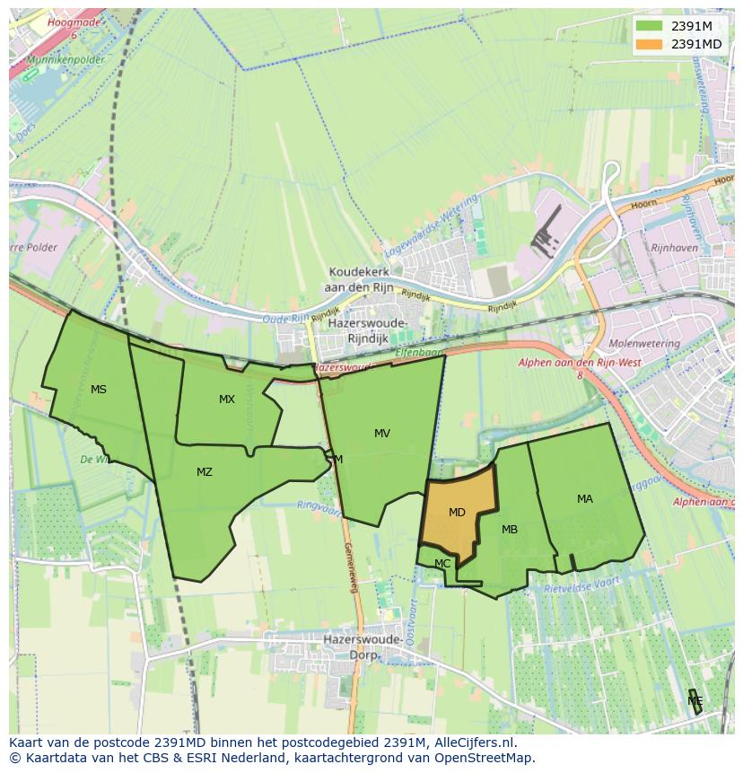 Afbeelding van het postcodegebied 2391 MD op de kaart.