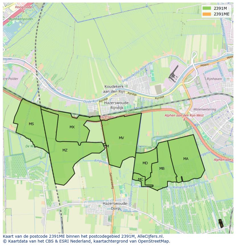Afbeelding van het postcodegebied 2391 ME op de kaart.