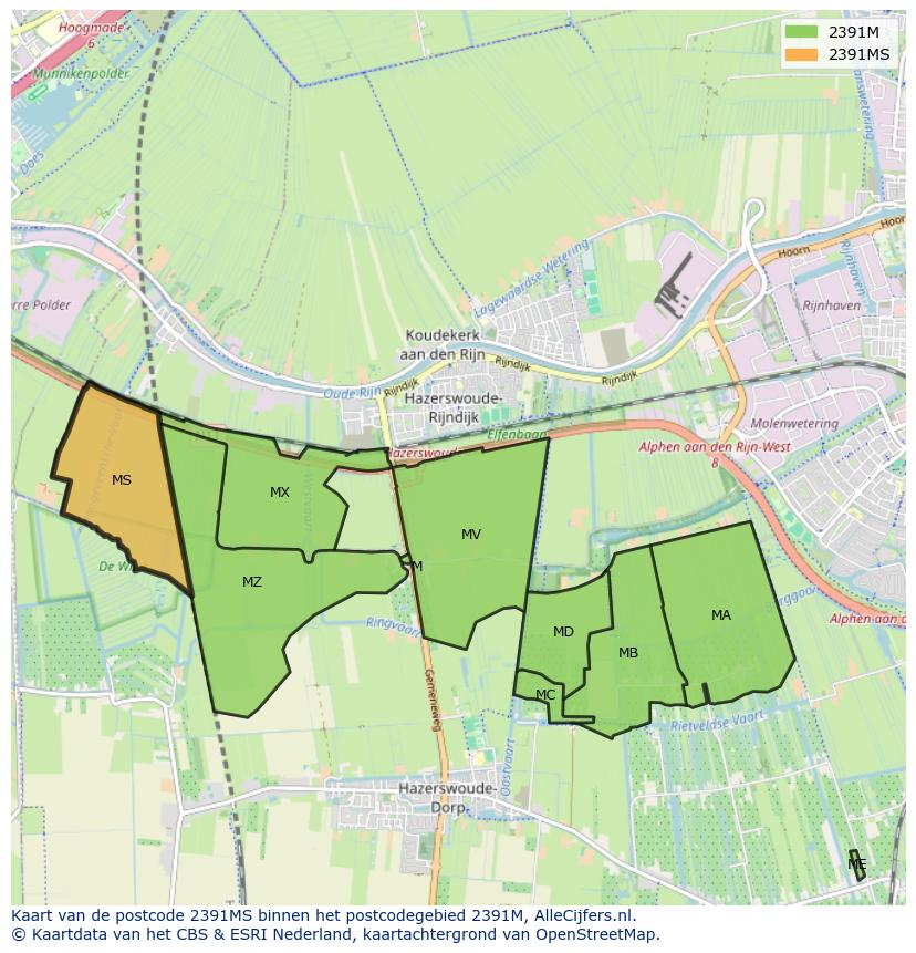 Afbeelding van het postcodegebied 2391 MS op de kaart.