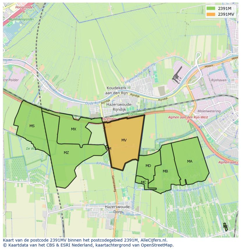 Afbeelding van het postcodegebied 2391 MV op de kaart.