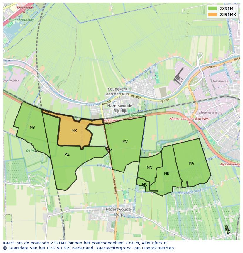 Afbeelding van het postcodegebied 2391 MX op de kaart.