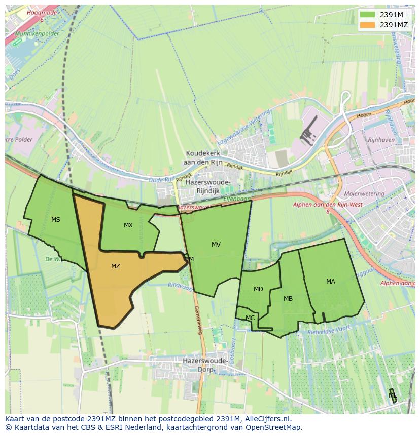 Afbeelding van het postcodegebied 2391 MZ op de kaart.