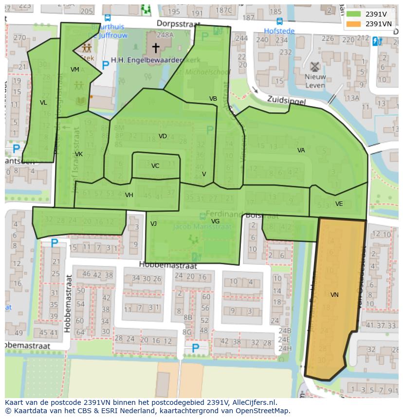 Afbeelding van het postcodegebied 2391 VN op de kaart.