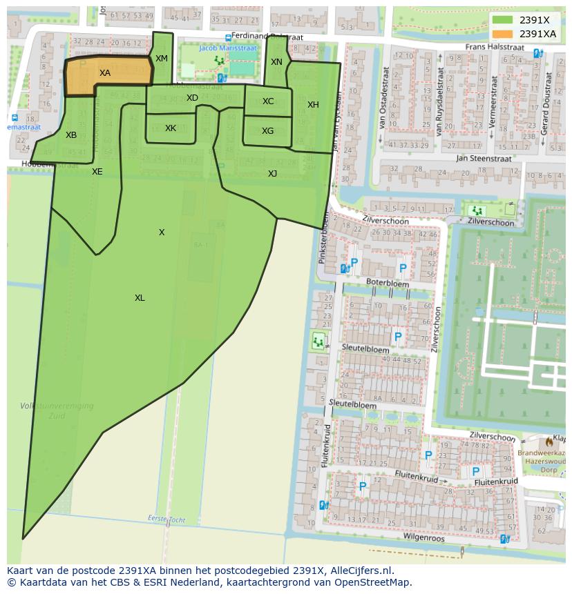 Afbeelding van het postcodegebied 2391 XA op de kaart.