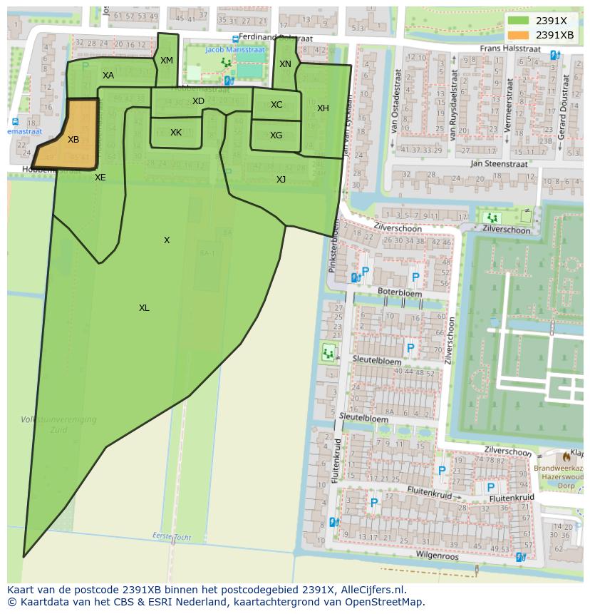 Afbeelding van het postcodegebied 2391 XB op de kaart.