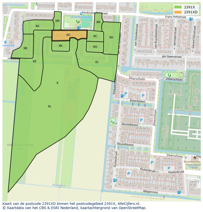 Afbeelding van het postcodegebied 2391 XD op de kaart.