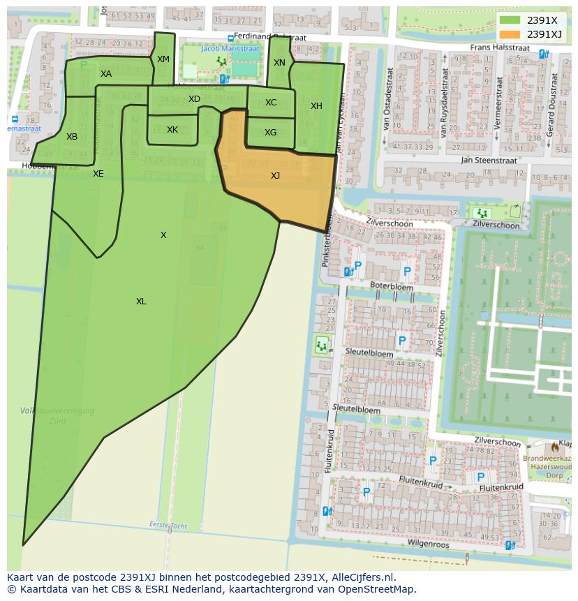 Afbeelding van het postcodegebied 2391 XJ op de kaart.