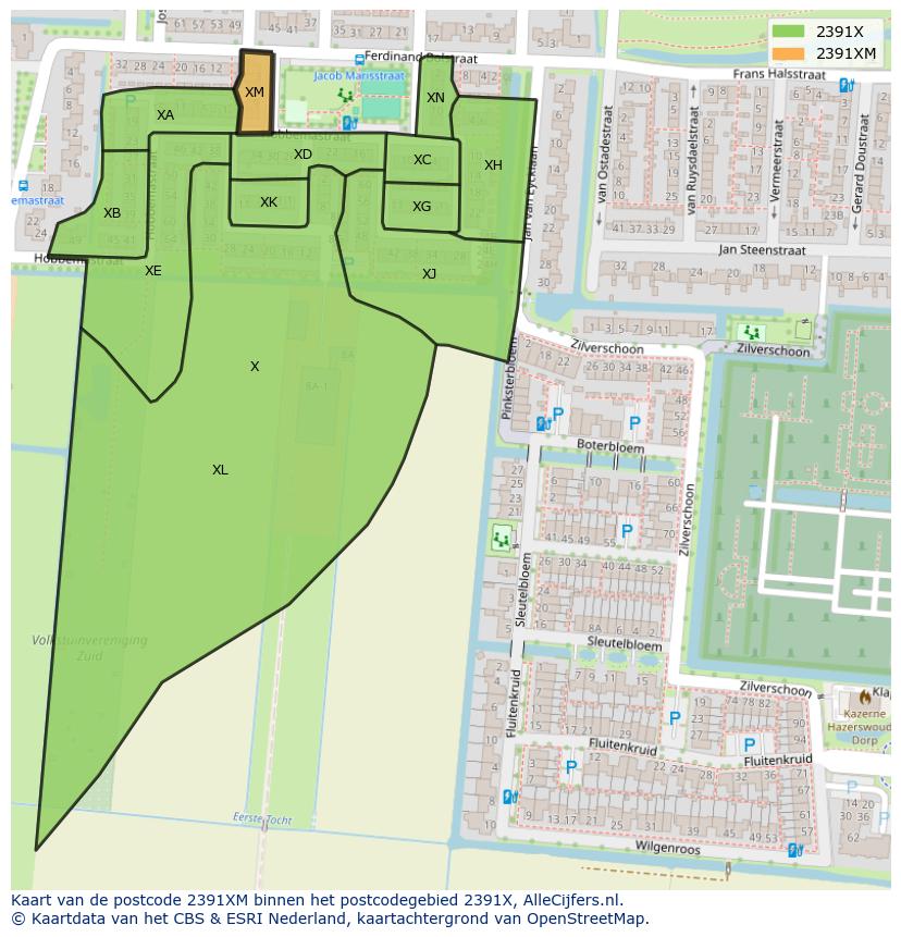 Afbeelding van het postcodegebied 2391 XM op de kaart.
