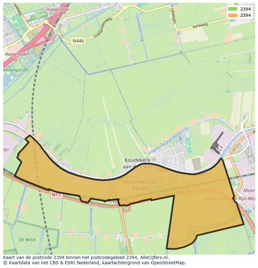 Afbeelding van het postcodegebied 2394 op de kaart.
