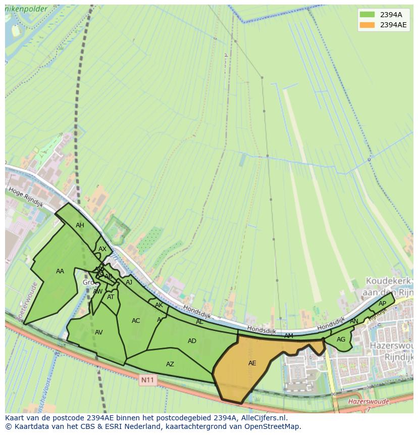 Afbeelding van het postcodegebied 2394 AE op de kaart.