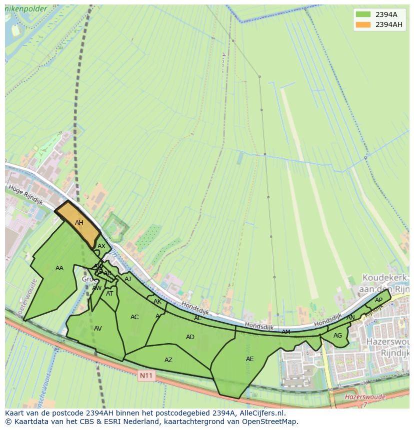 Afbeelding van het postcodegebied 2394 AH op de kaart.