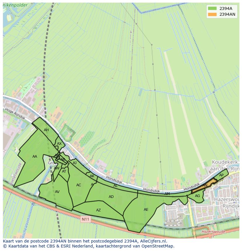 Afbeelding van het postcodegebied 2394 AN op de kaart.