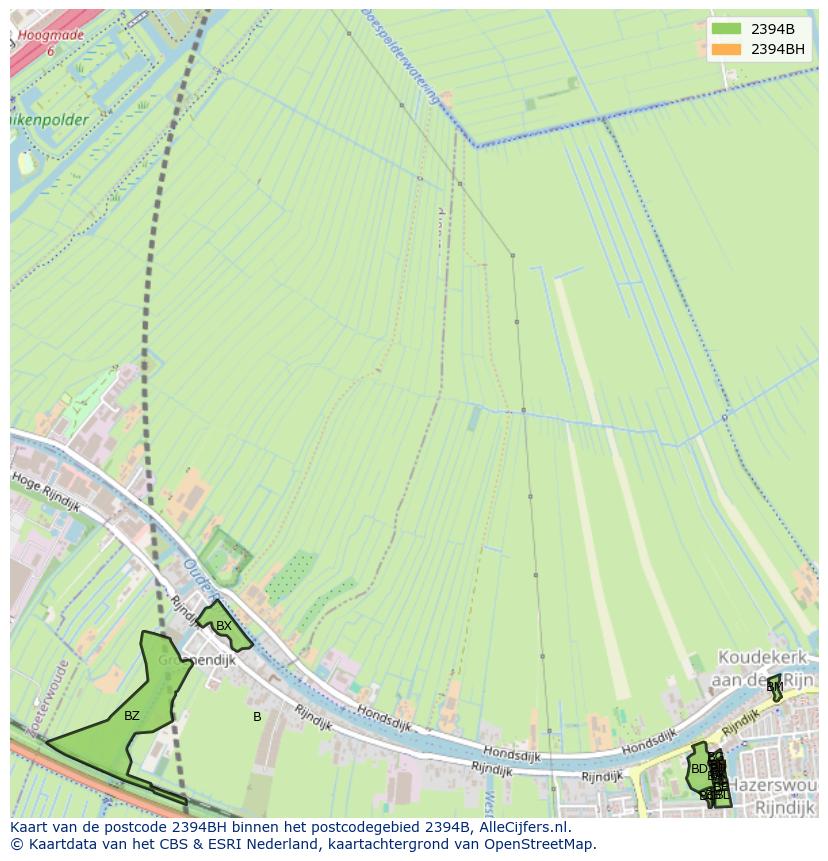Afbeelding van het postcodegebied 2394 BH op de kaart.