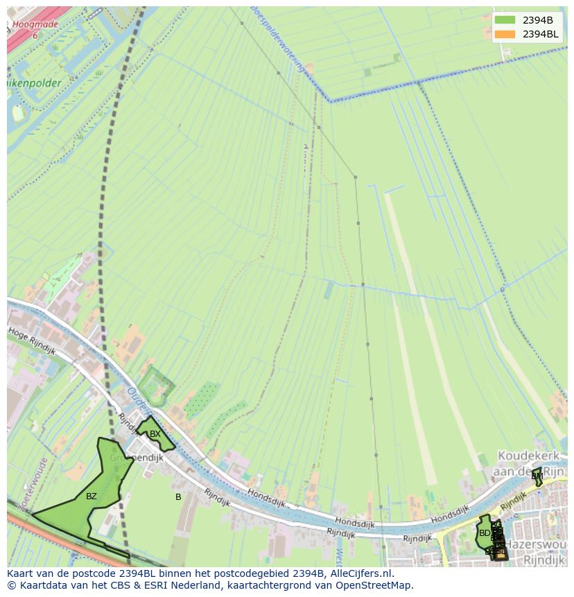 Afbeelding van het postcodegebied 2394 BL op de kaart.