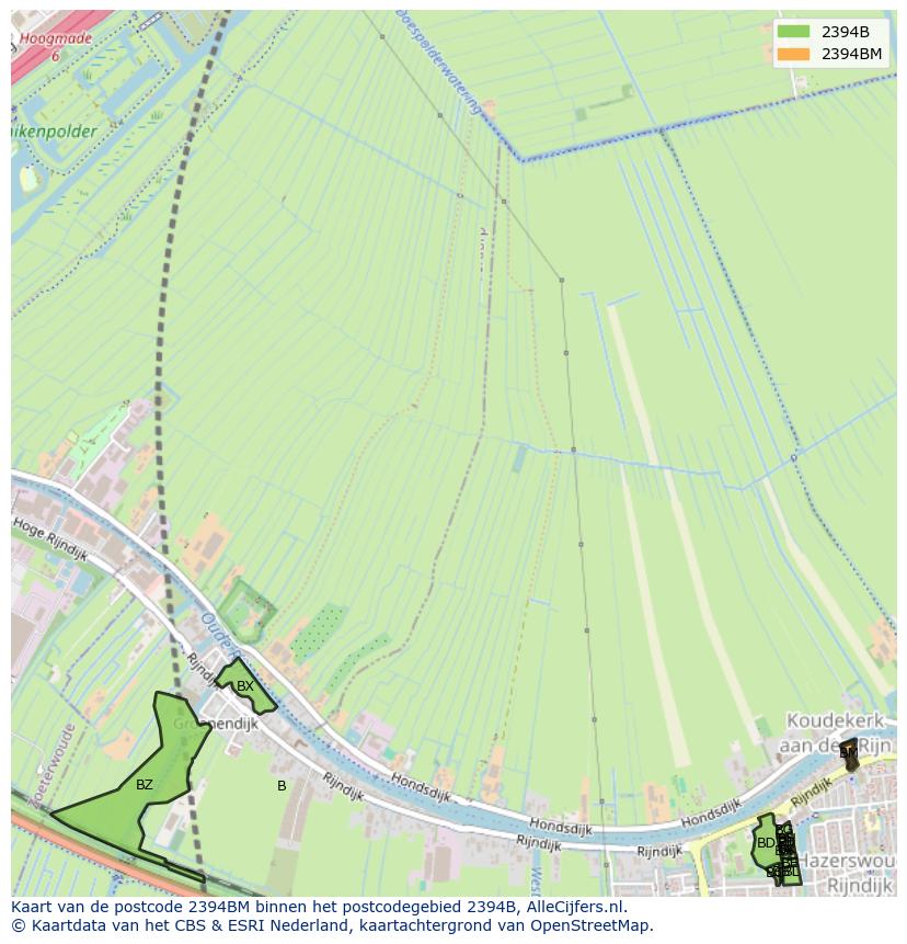 Afbeelding van het postcodegebied 2394 BM op de kaart.